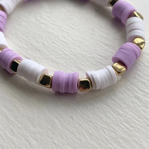 Handmade clay bead purple/white square gold beads stretchy - Picture 3 of 5